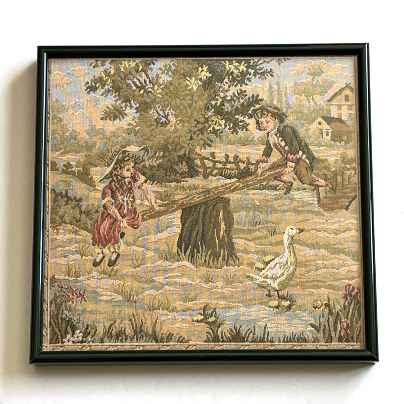 Vtg French Style Art Tapestry Framed Wall Hanging Countryside Boy & Girl Playing