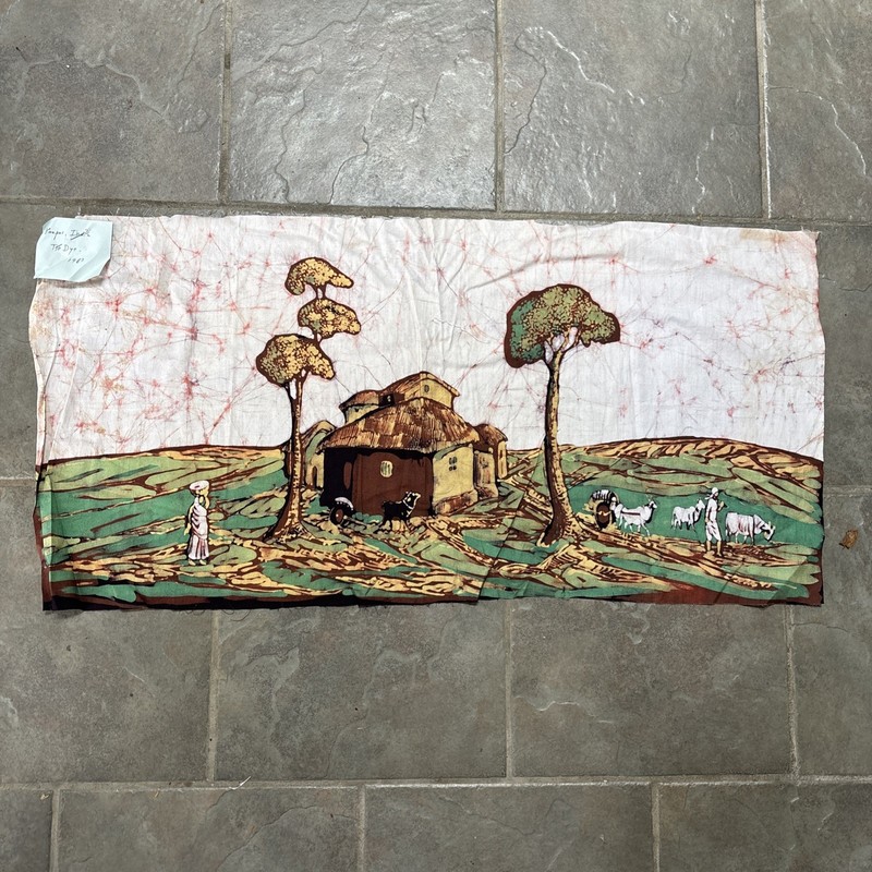 Kanpur India Batik Cloth Farming Countryside Scene 33”x16.5” Dated 1983