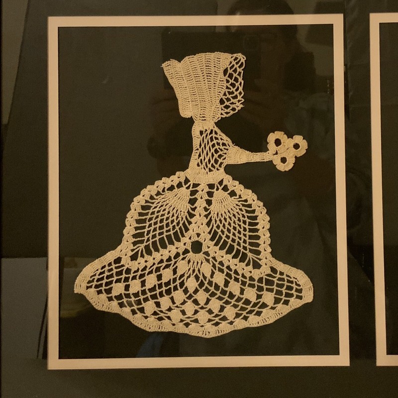 Handmade Crochet Lace Art Ladies With Bonnets Flowers Matted Framed Decor gallery