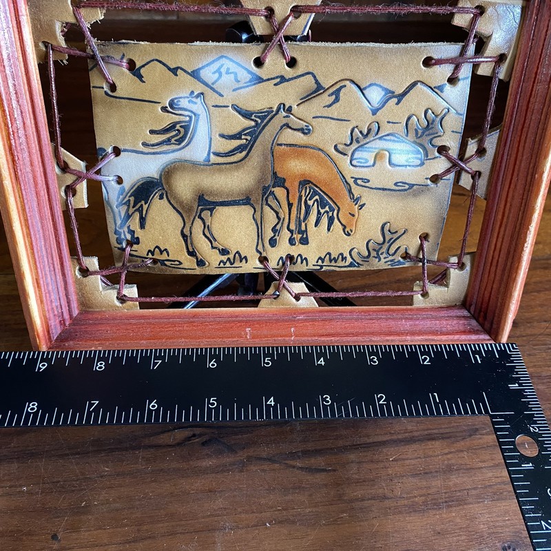 Leather Tooled Painting Desert Horses And Yurt 9.25”x7.5” VTG Leather Art Framed gallery