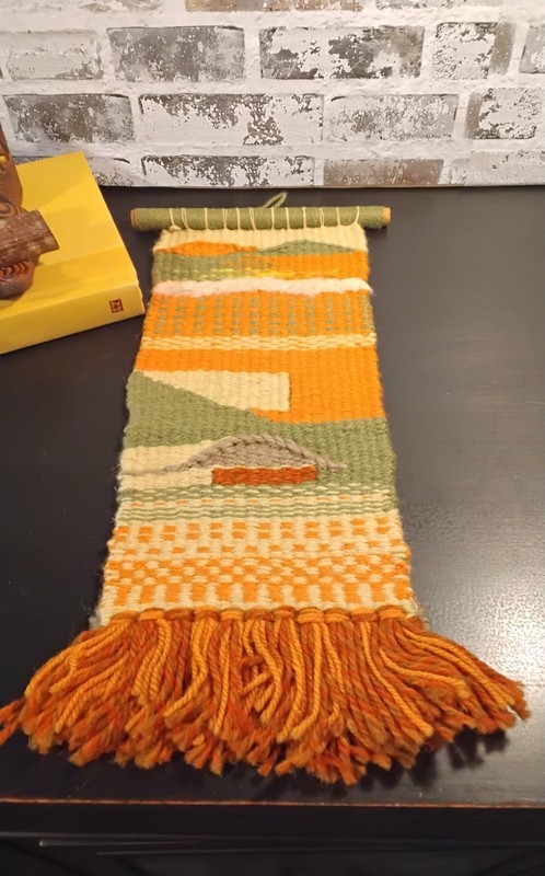 Vintage Hand Woven Boho Wall Hanging Green, Yellow & Orange 7”x 15”
