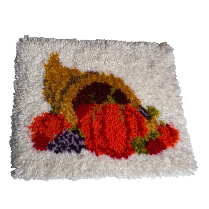 Vintage Horn of Plenty Latch Hook Rug 14" x 16" Wall Hanging 70's