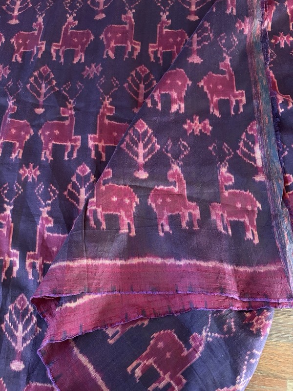 Silk Pidan Pedan Ikat Antelope Figurative Textile Fabric Purple Cambodia 116×37”