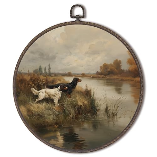 Vintage Hunting Dog Round Framed Wall Art Decor, Rustic 10"L x 10"W hunt dog gallery