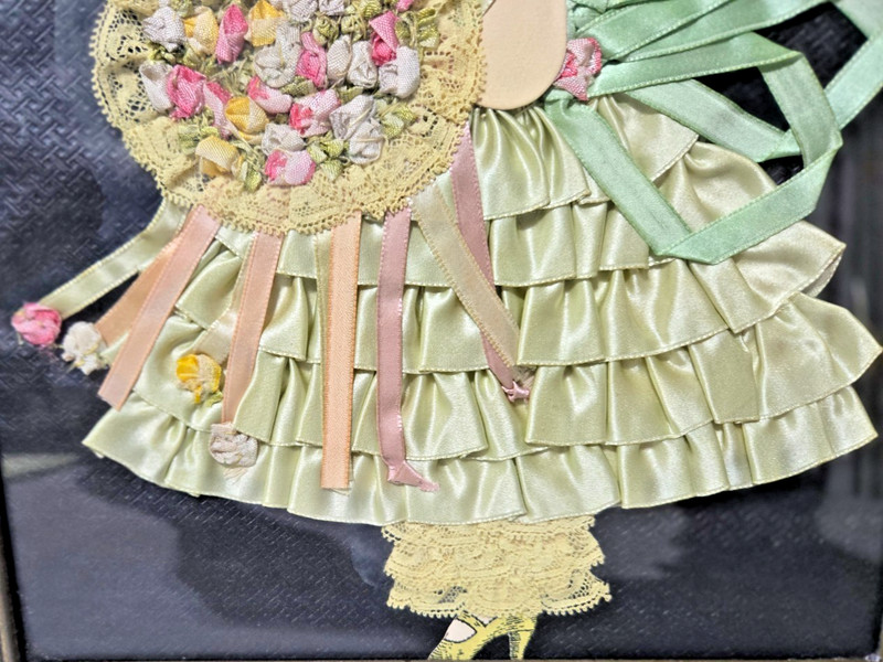 Vintage- Framed Paper Doll Ribbon Art- Lady with Yellow Dress+Flowers -9" X 11" gallery