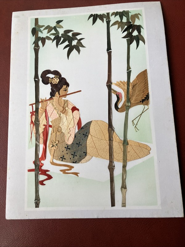 Framed Vintage Wheat Straw Art ~ Geisha Girl/Flute/Crane