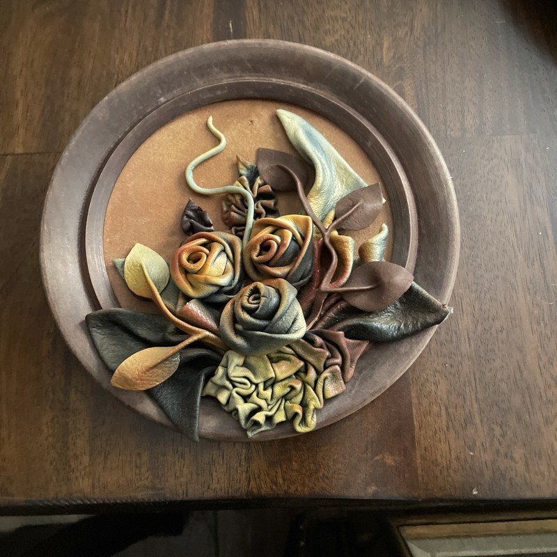 Vtg Tooled Leather Flowers Sculpture Art Wooden Wall Plate Vintage 7”Diameter