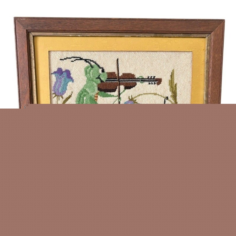 Vtg Needlepoint Whimsy Bugs Music James Peach 70s Handmade Cross stitch frame