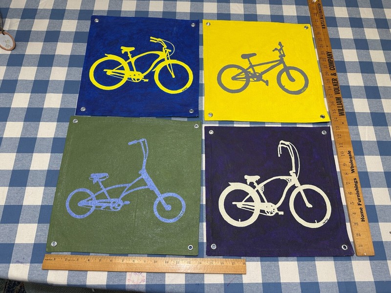 4 Vintage Handmade Bicycle Screen Print Pennants Square Flags Man Cave Boy Room