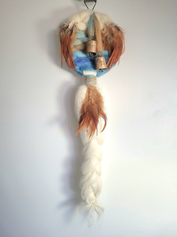 Vintage Native American MANDALA Dream Catcher wool Feathers Bell wall hanging