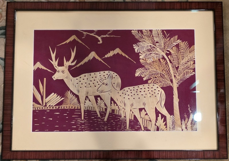 Rice Straw Painting / Paddy Straw Art Deer Forest Framed Picture