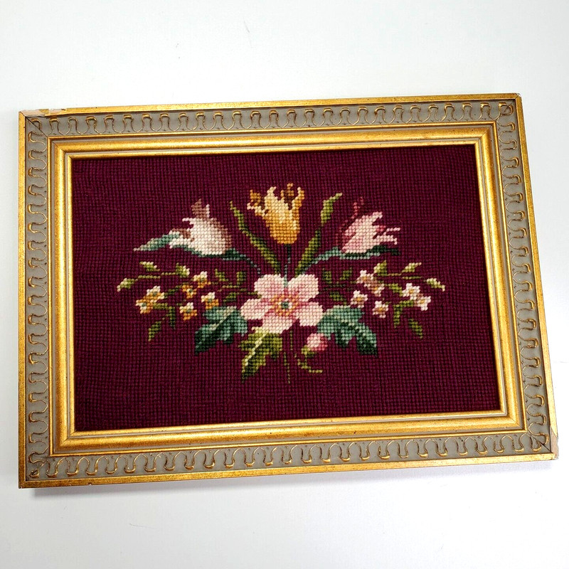 Needlepoint Flowers Framed Vintage Chair Seat Cover Hollywood Regency