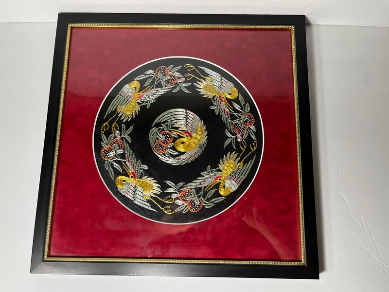 Vintage Chinese Embroidered Silk PHOENIX Metallic Panel Framed