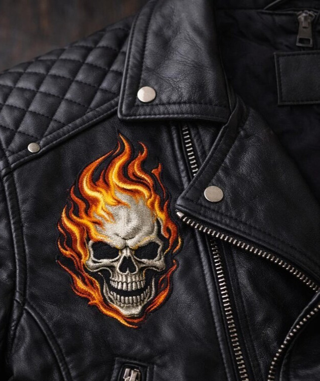 Men's Black Leather 3D Skull Biker Jacket Gothic Punk Motorcycle Coat Fear Noen gallery