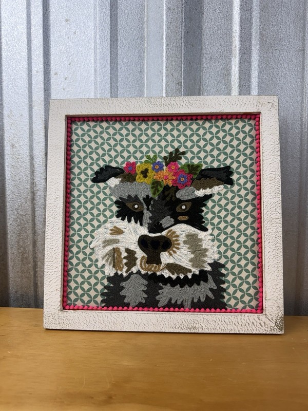 Textile Dog Wall Art Framed Fiber Art Floral Crown Boho Farmhouse Decor 12×12