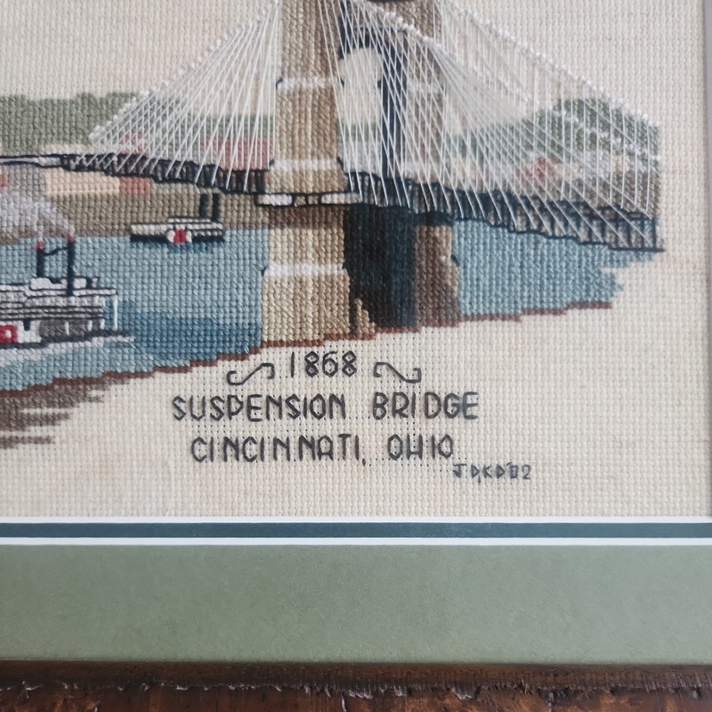 VINTAGE Signed NEEDLEPOINT Yarn Art Roebling Suspension Bridge Cincinnati OH gallery