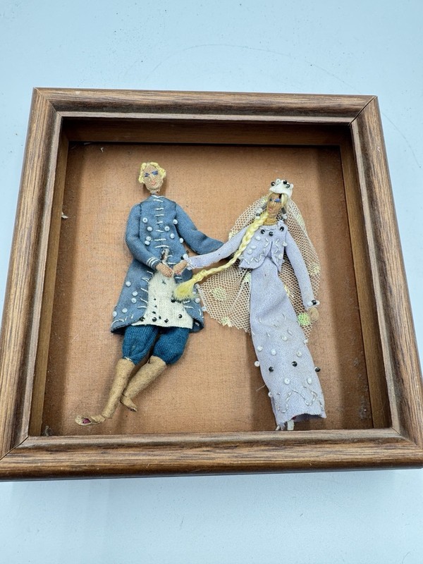 Vintage Handmade Fabric Folk Art Shadow Box “Ivan and Maria” Couple Framed