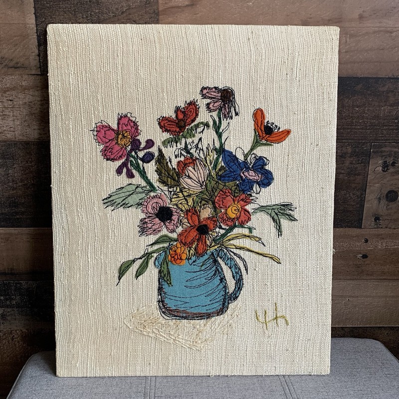 Mid Century Hanna Silver Embroidery Needle Craft 16×20. “Flowers in Blue Vase”