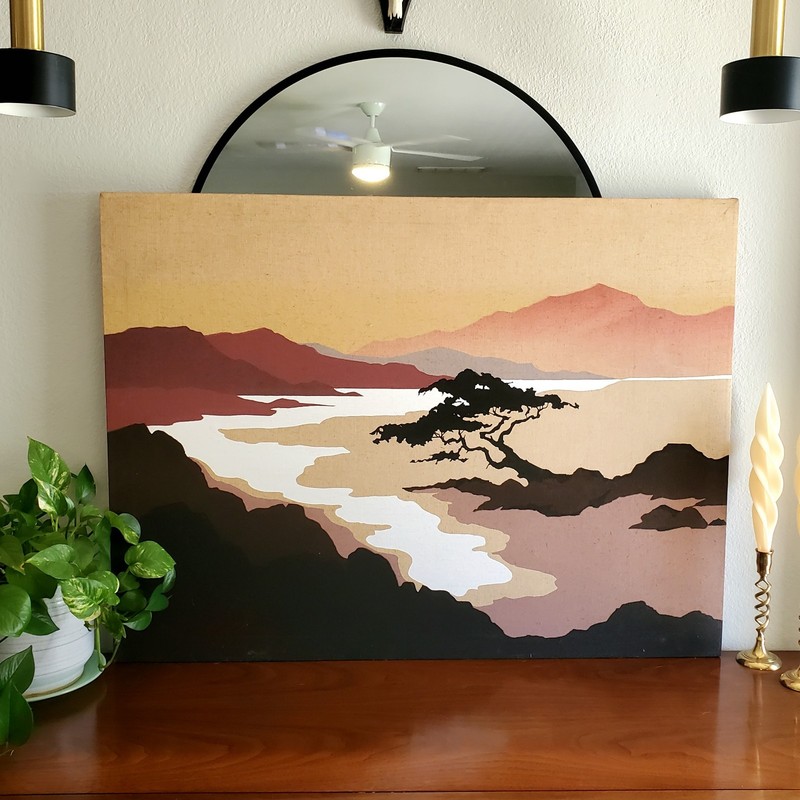 Vintage MCM 70s Landscape Silkscreen On Canvas Earth Tones Wall Art gallery