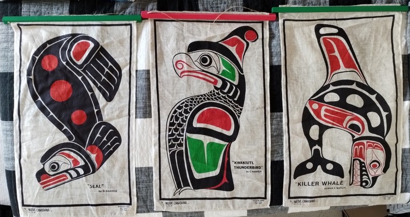 3 Vintage Canadian Native American Art Printed on Linen.
