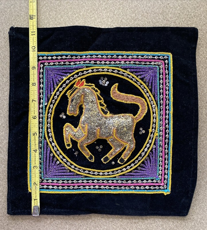 VTG Burmese Kalaga Hand Embroidered Tapestry Horse Sequin Asian Art 11.5” Square gallery
