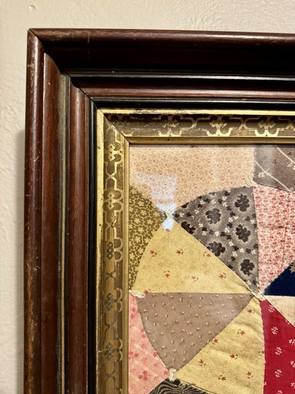 Antique 1800s Walnut Frame w/ Early 1900s Patchwork Quilt Square Textile Art gallery