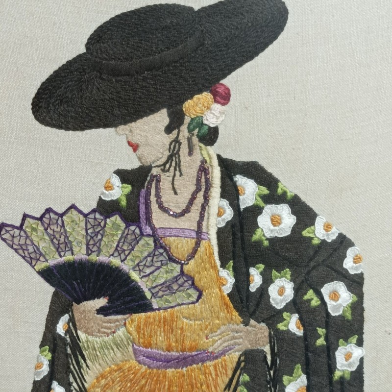 Large framed embroidered Tapestry picture of Spanish flamenco dancer Signed 1938 gallery