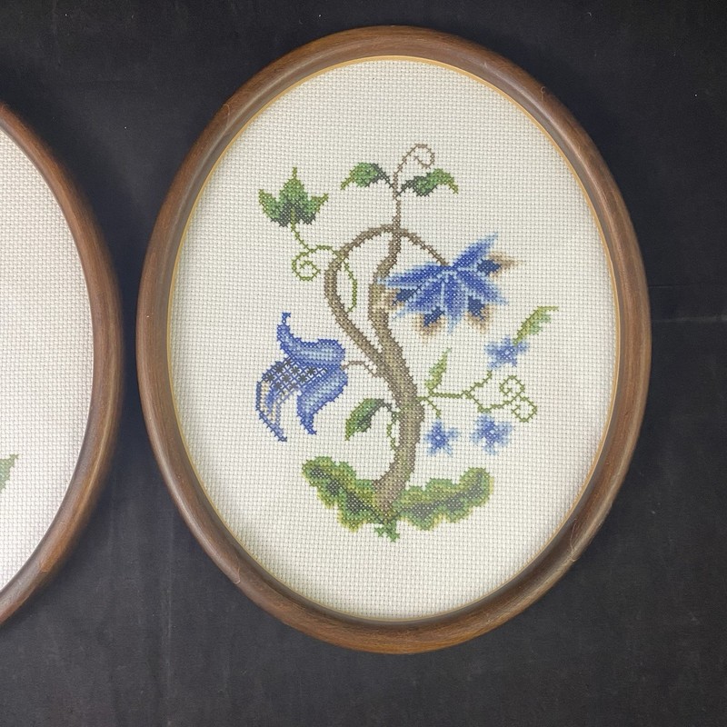 Vtg Oval Floral Embroidery Art Set Framed Needlepoint Blue Flowers Wall Decor gallery