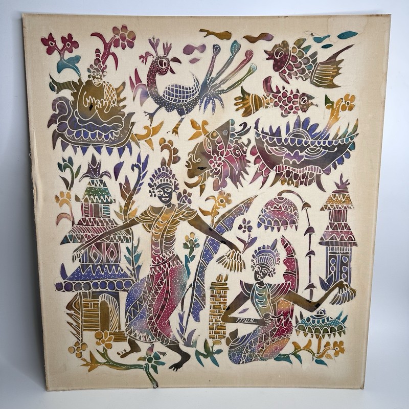 Vintage Signed MUR Batik Textile Art Boho Balinese Asian Folk Wall Hanging 49cm