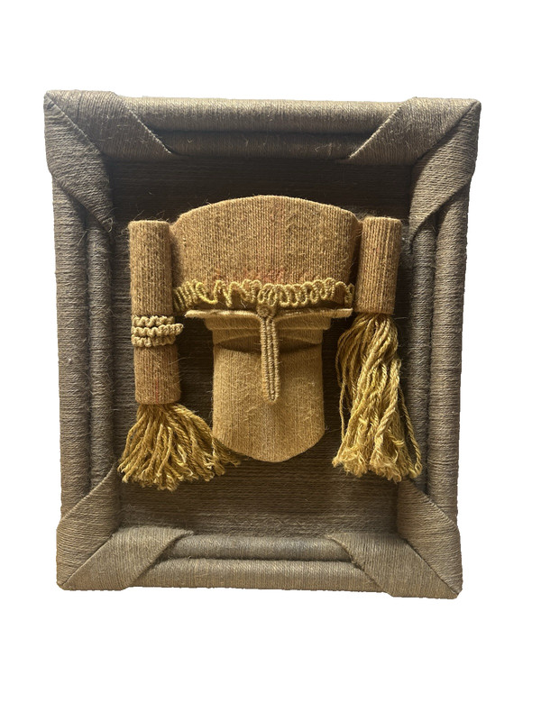Vtg Mid Century Fiber Art Weaving Twine Mask Face TEXTILE Wall Hanging Woven ART