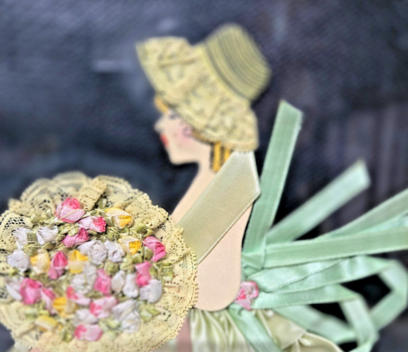 Vintage- Framed Paper Doll Ribbon Art- Lady with Yellow Dress+Flowers -9" X 11" gallery