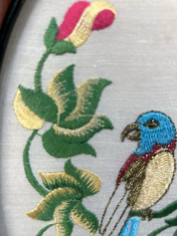 1960s Handmade Embroidery Of Tropical Parrot Wooden Oval Frame 11”x8.5” gallery