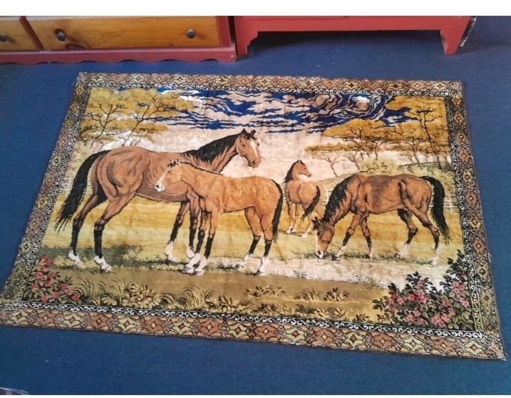 Italian Vintage Velvet Horse Tapestry Wall Hanging Rug Equestrian Scene