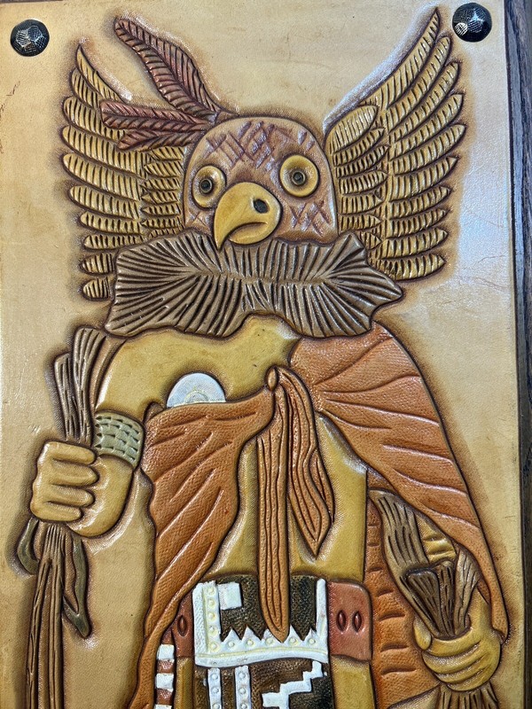 «Mongwa» The Great Horned Owl -Leather Wall Art by D. Lester – Vintage – O