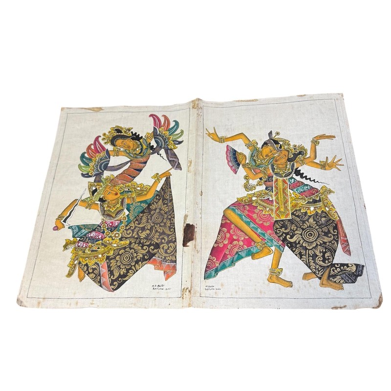 Vintage Batuan Bali Signed Balinese Dancer Painting On Cloth Folk Art