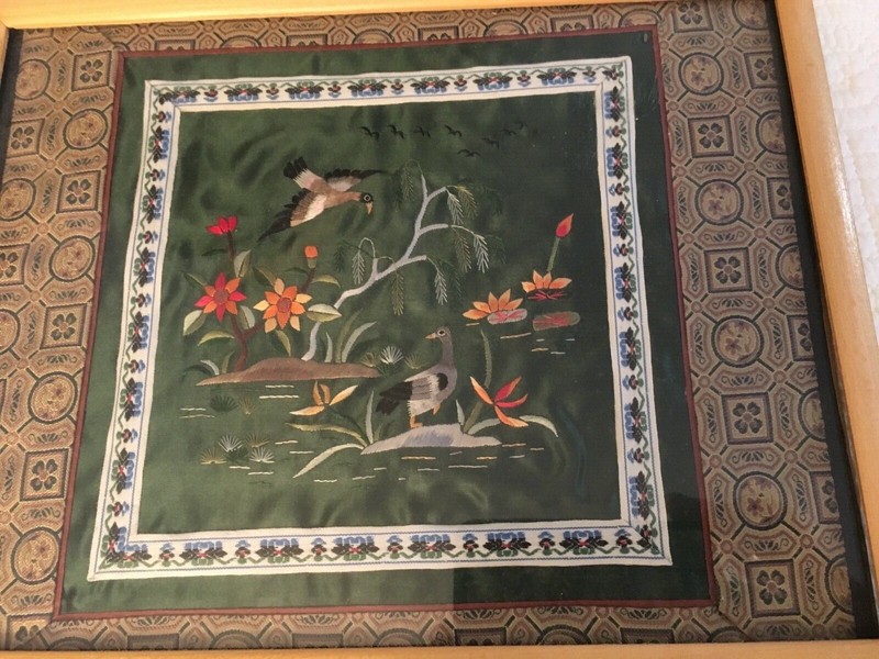 2 Silk thread embroidered works of art framed      9 1/4 x 11 3/4. gallery