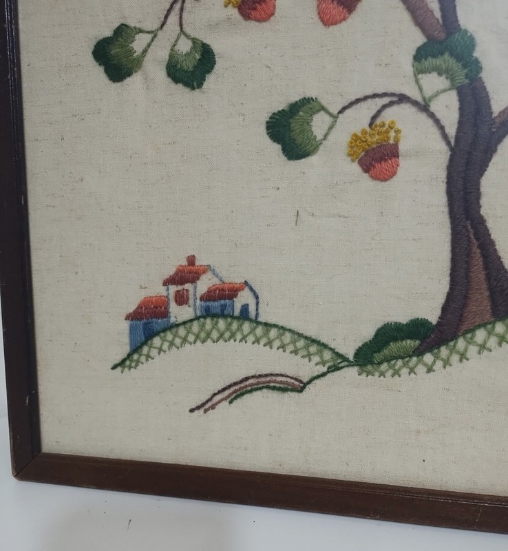 Vtg Framed Needlepoint Embroidery Tree Mockingbird Design Fabric Wall Art 17X17 gallery