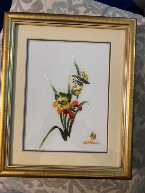 Vietnamese Hand Embroidery On Silk flowers 5×7 art frame 8 x10