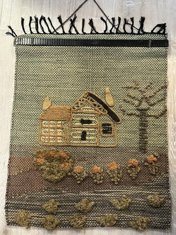 MCM Fiber Art Boho Woven Jute Tapestry Wall Hanging Vintage 70s Textile 26×21”