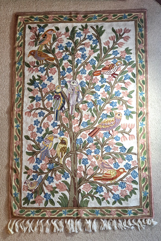 Vintage Kashmir Chain Stitch Tree Of Life Wool Crewel 48" x 30" Rug Wall Hanging gallery