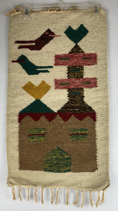VTG Fiber Art Native Wall Hanging Rough Woven Jute 26″ x 15″ House & Birds