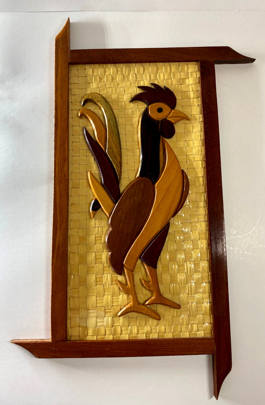 Vtg Art Wood Marquetry Inlay Rooster, Intarsia, on Rattan Backing