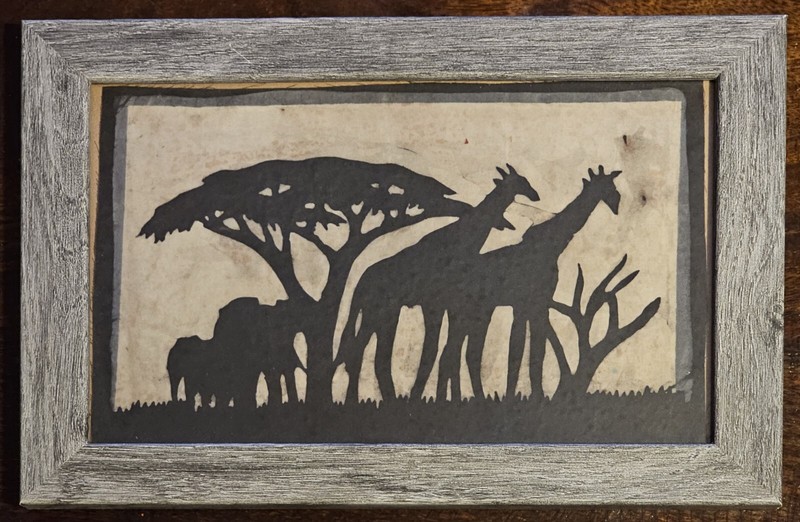 Safari Giraffe and Elephant Silhouette, Black Felt Fabric Framed.