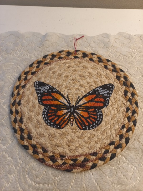 Butterfly Braided Rag Rug 10" Wall Hanging Or Trivet Handpainted Monarch Boho