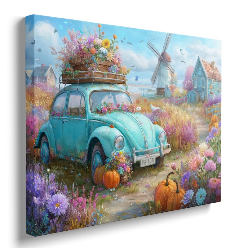 Vintage Floral Car Windmill Fall Picture Wall Decor Framed Retro Autumn Flowe...