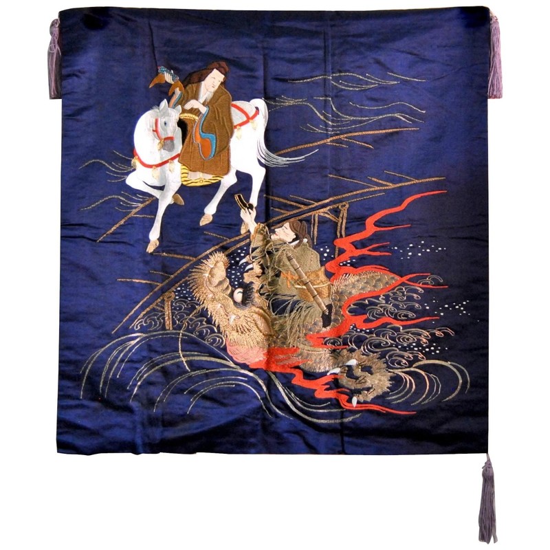 Antique Meiji Silk Tapestry 1910-1920 w/ Dragon & Horse Embroidery Double-sided