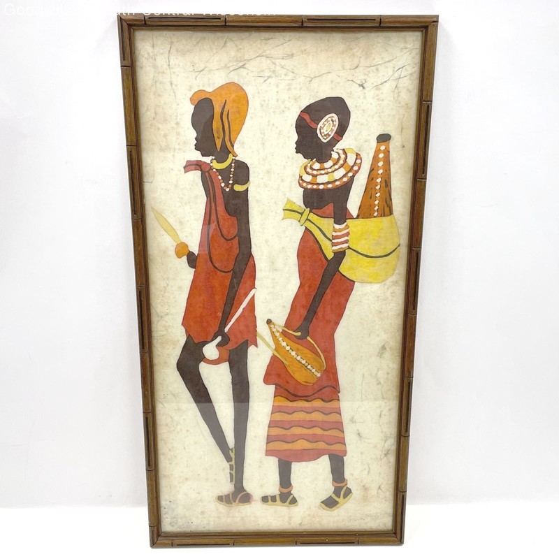 VNTG African Batik Style Tribal Figures Framed Wall Art Fabric Folk Textile