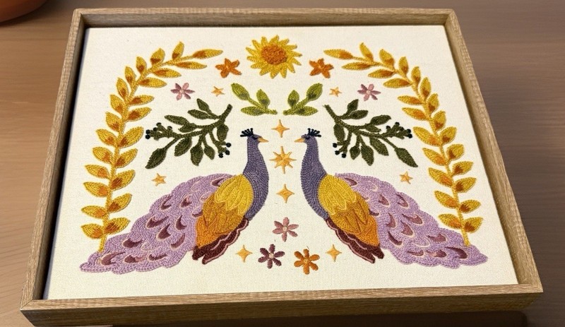 Framed Textile Wall Art BP HOME Woven PEACOCKS 14.5” x 12” BOHO Purple Leaf