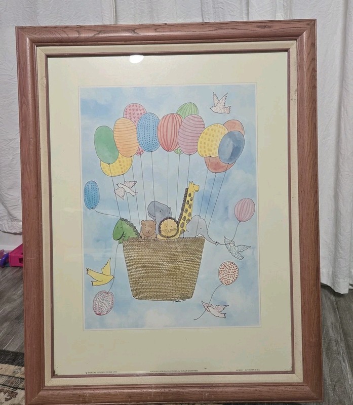 FRAMED SUSAN GANTNER SIGNED 1978 ART PRINT ANIMALS AIR BALLOONING 18×24