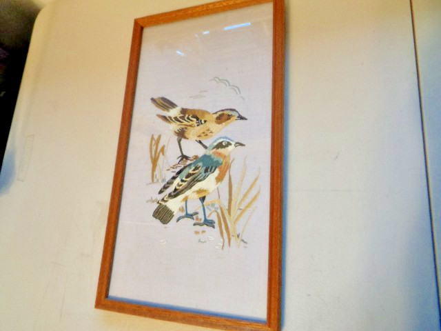 Vintage Embroidery Birds Art Picture on Textile Framed 15.5x8.5 c1970s Used gallery